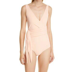 Lisa Marie Fernandez Dree Lousie Wrap Front One-Piece in Peach Crepe 1 Small New